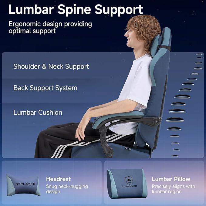 GTPLAYER Gaming Chair Video Game Chairs with Footrest and Lumbar Support Computer Chair for Adults with Extended Backrest Ergonomic Reclining Silla Gamer Fabric Dark Blue