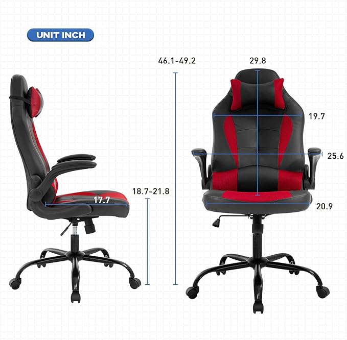 Gaming Chairs for Adults PU Leather Swivel Rolling Adjustable Game Chair with Lumbar Support Flip Up Arms Headrest for Adults Women Men Video Game Chairs Ergonomic Gaming Chair