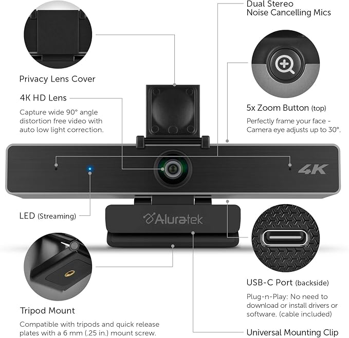 Aluratek HD 1080P Video Webcam for PC MAC Desktop &amp Laptop Video Call Conference USB