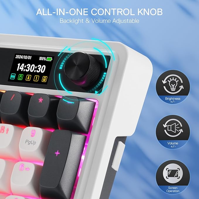 Redragon K719 Wireless Gasket Gaming Keyboard w/Hype Screen &amp Knob 95 Keys Mechanical Keyboard Easy-Control 1.14’’ TFT Info Display 5-Layer Noise Dampener Round PBT Keycaps Mint Mambo Switch