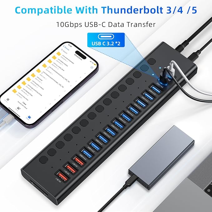 Powered USB Hub 10Gbps 17 Ports 96W USB 3.2 Hub(10 USB-A 3.2 Ports+3 QC 24W Fast Charging Ports+2 USB-C 3.2 Ports+SD/TF Card Reader) 12V/8A Power Adapter for Laptop PC Computer HDDFlash Drive