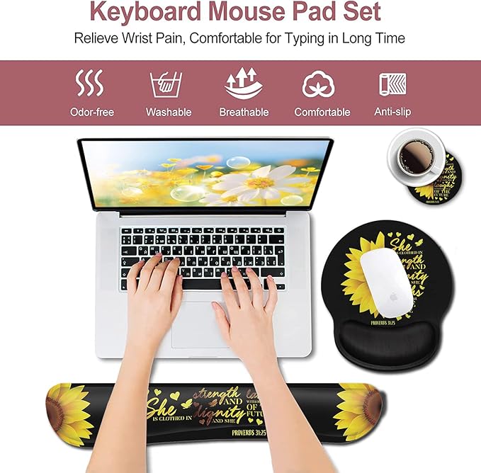 Mouse Pad Keyboard Wrist Rest Coaster Mouse Support SetSunflower Christian Bible Verse Black padErgonomic Memory Foam Mouse and Keyboard Pad Set for Laptop Computer Office Home Working Gaming