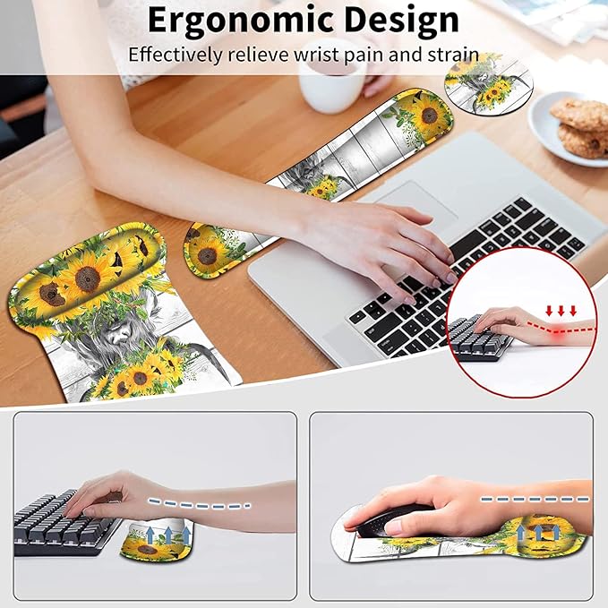 Wireless Mouse Pad with Wrist Support Ergonomic Gel Mouse Pad Soft Memory Foam Keyboard Wrist Pad for Office Typing Desk Pad Cute Highland Cow and Sunflowers White MousePads