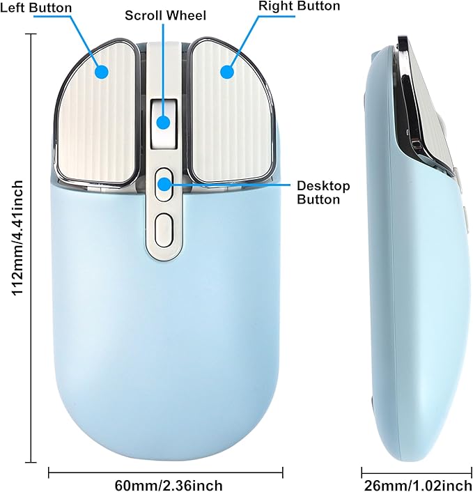 Wireless Mouse Bluetooth Cute Ultra Slim Silent Computer Mice with USB Receiver Dual-Mode 2.4G &amp Bluetooth Rechargeable Portable USB Cordless Mouse for Laptop PC Desktop Tablet Kids Adults Gift B