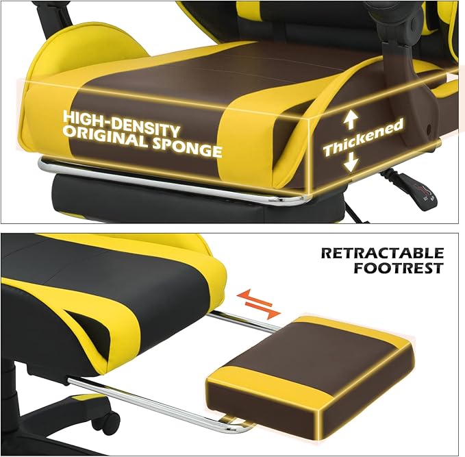 MoNiBloom Gaming Chair Office Chair Leather High Back Computer Chair with Headrest and Lumbar Support 360° Swivel Ergonomic Footrest Adjustable Gamer Chair for Adult Teen Home Office Using Yellow