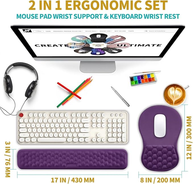 Hokafenle 2 in 1 Ergonomic Mouse Pad Wrist Support &amp Wrist Rest for Computer Keyboard Set with Relieve Carpal Tunnel Pain Massage Bulge and Full Memory Gel Design (2In1 Set Dark Purple)