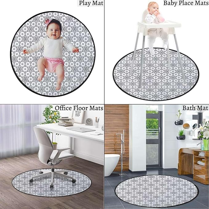 White Black Gaming Chair Mat for Hardwood Floor Anti-Slip Floor Protector Game Controller Rubber Gaming Computer Chair Mat Ancient Oriental Damask Pattern Floral Diameter 35.4 in