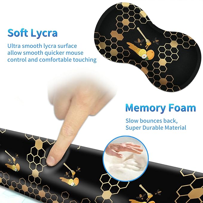 Keyboard Wrist Rest Pad Mouse Pad and Mouse Wrist Support Plus Cup Coaster for Gaming and Office Comfortable for Easy Typing and Pain Relief Honeycomb Bee