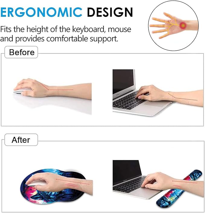 Keyboard Wrist Rest and Mouse Pad Wrist Support Set with CoasterComfortable for Easy TypingPain ReliefMemory Foam Keyboard Pad Set for Laptop MacForest Wolf