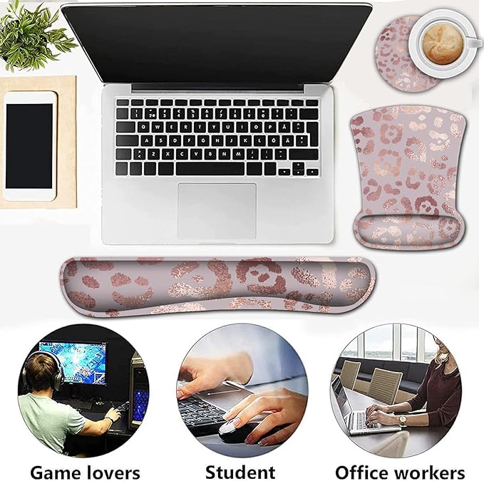 Ergonomic Mouse Pad Wrist Support and Memory Foam Keyboard Wrist Rest SetGel Mouse Mat with Non-Slip PU BaseKeyboard Palm Rest for Home Office Wireless Gaming Desk Pad Rose Gold Leopard Pink