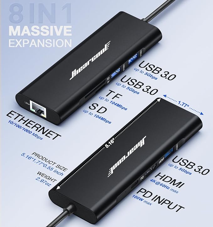 Hiearcool USB C Hub USBC to 4K@60 Hz HDMI Adapter with 100W PD 8-in-1 USB-C Dongle Multiport Dock Compatible for MacBook Dell Lenovo HP Laptops-Midnight Black