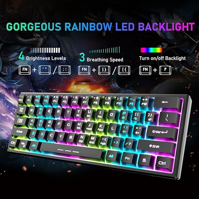 ZIYOU LANG T61 Wireless Gaming Keyboard and Mouse Combo with Ergonomic 61 Key Rainbow LED Backlight Anti-ghosting Mechanical Feel Rechargeable 4000mAh Battery Mouse Pad for PC MAC Gamer Typists(Black)