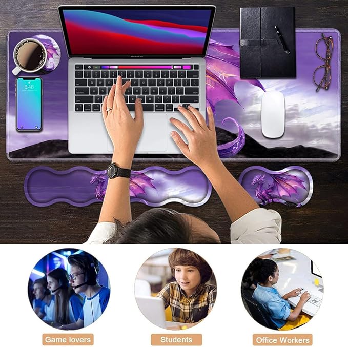 Ergonomic Keyboard Wrist Rest &amp Mouse Pad Wrist Rest Set Large XXL Gaming Desk Mat 31.5x 11.8 with Memory Foam Easy Typing Pain Relief for Office &amp Home Purple Dragon
