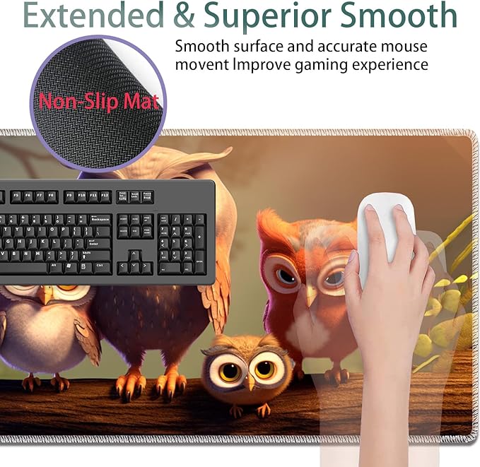 Large Gaming Mouse Pad + Keyboard Wrist Rest + Wrist Support + Coaster Set Memory Foam Ergonomic for Easy Typing XXL Extended Gaming Mouse Pad Table Pad - Cute Owl