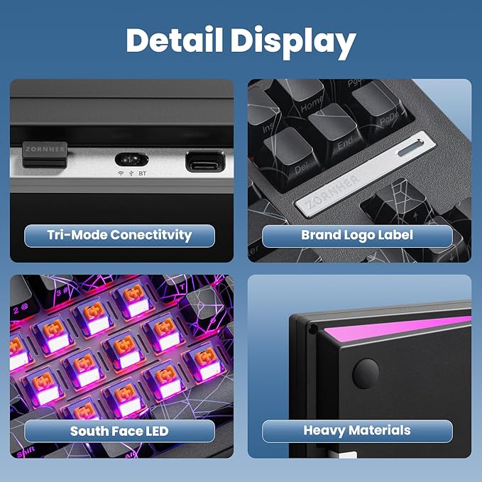 ZORNHER ZH870 Wireless Gaming Mechanical Keyboard80% Black Custom Creamy Sound Keyboard with Spider Web IMD PC KeycapsCreamy Sounding Linear SwitchesHot-SwappableRGB Backlit2.4GHz/USB-C/BT5.0