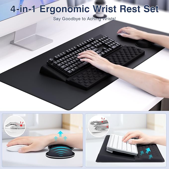 Ospelelf Keyboard Wrist Rest Stand Pad and Ergonomic Mouse Pad Set with Large Mousepad Memory Foam Comfort Premium Office Desk Accessories for Pain Relief Black