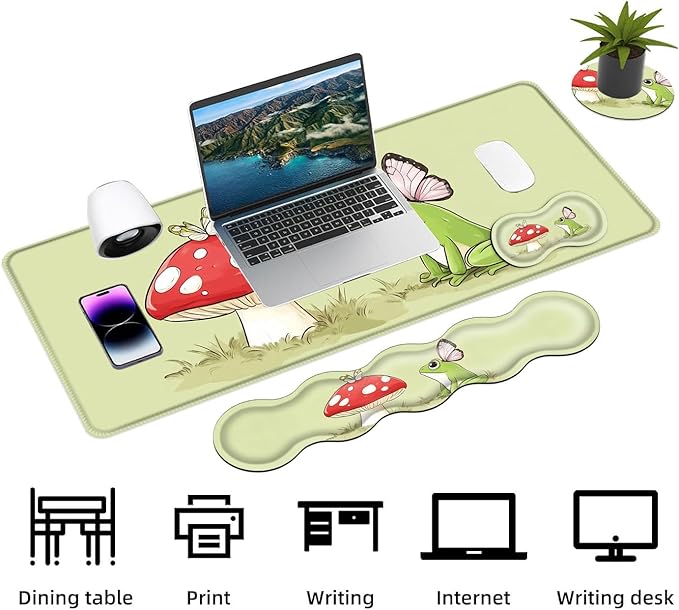 Keyboard Mouse Pad Set Extended Gaming Mouse Pad+Ergonomics Keyboard Wrist Rest Support Memory Foam Easy Typing Pain Relief 4Pcs XL Ultra Thick Desk MatFrog Butterflies Mushroom