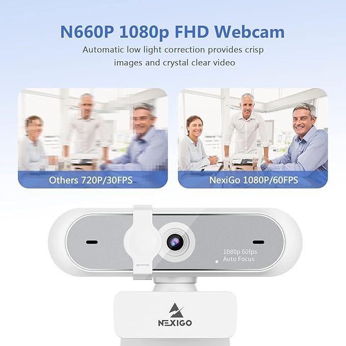 NexiGo N660P 1080P 60FPS Webcam with Software Control Dual Microphone &amp Cover Autofocus HD USB Computer Web Camera for OBS/Zoom/Skype/FaceTime/Teams/Twitch White