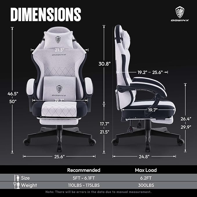 Dowinx Fabric Gaming Chair Ergonomic Computer Chair with Footrest and Pocket Spring Cushion Height Adjustable Video Gamer Chair with Lumbar Support for Adults White Grey