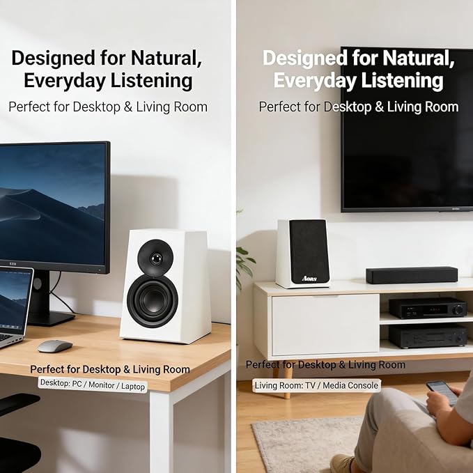 Active Bookshelf Speakers for TV &amp Desktop – Powered Stereo Bluetooth 5.3 Speaker with Optical &amp RCA Inputs Subwoofer Output Modern Wooden Design(AS-42 White)