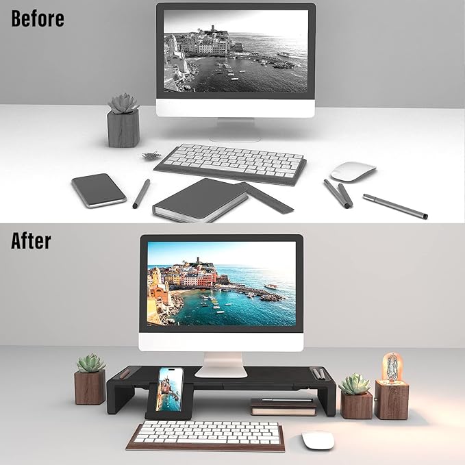 OImaster Monitor Stand Riser Foldable Computer Monitor Riser Adjustable Length Computer Stand and Storage Drawer &amp Pen Slot Phone Stand Compatible Computer Desktop Laptop Save Space (Black)