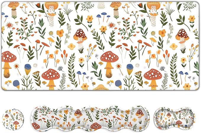 Desk Mat Gaming Mouse Pad Cute Keyboard Wrist Rest Anti-Slip XXL Mouse Pad with Stitched Edges Mushroom Plant Leaf Theme