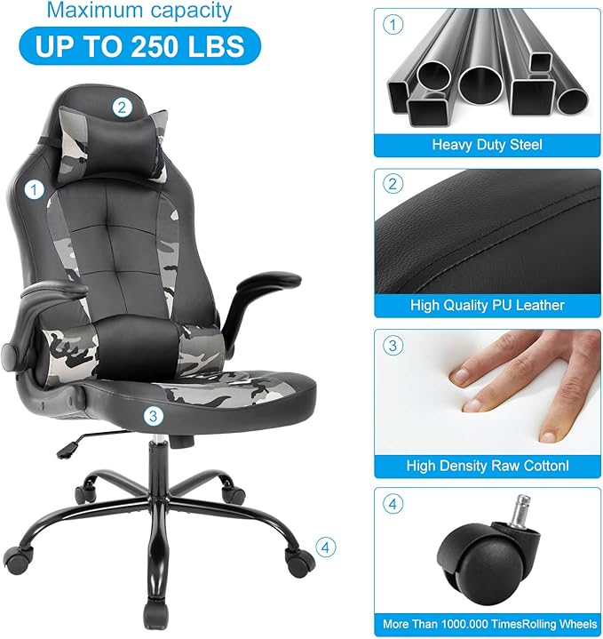 Meet Perfect Gaming Ergonomic Office Desk Chair - Leather Computer With Lumbar Support and Head Pillow - Modern Executive Adjustable Rolling Swivel Task for Home Office Camo
