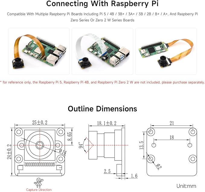 Waveshare IMX290 2MP Camera Module (A) IMX290 Sensor chip Better Sensitivity in Low-Light Condition Distortion-Free Compatible with Raspberry Pi Series Boards