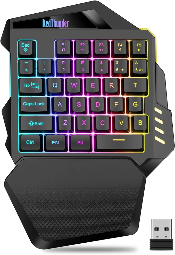 RedThunder Wireless One-Handed Gaming Keyboard 2.4Ghz RGB Backlit Mini Gaming Keypad Rechargeable 2000mAh Battery for PC Gamer