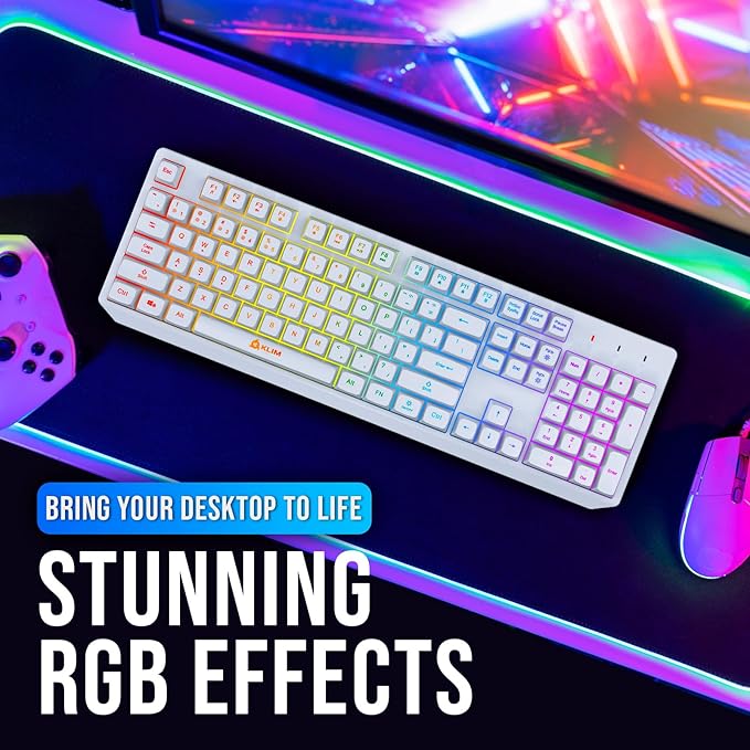 KLIM Chroma White Wireless Keyboard – RGB Backlit Rechargeable Battery Wireless Keyboard with Water-Resistant Durable Design Compatible with PC Mac PS4 PS5