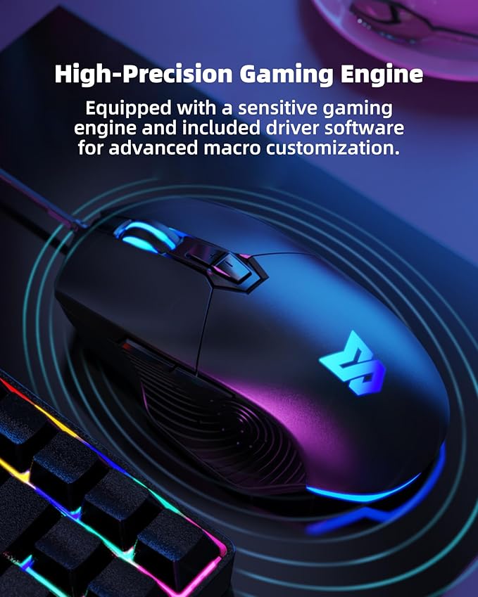 Wired Gaming Mouse Ergonomic Wired Mouse for Laptop RGB Mouse 7200 DPI Optical Sensor Adjustable USB C RGB LED Backlit Gaming Mice with 7 Programmable Buttons Black