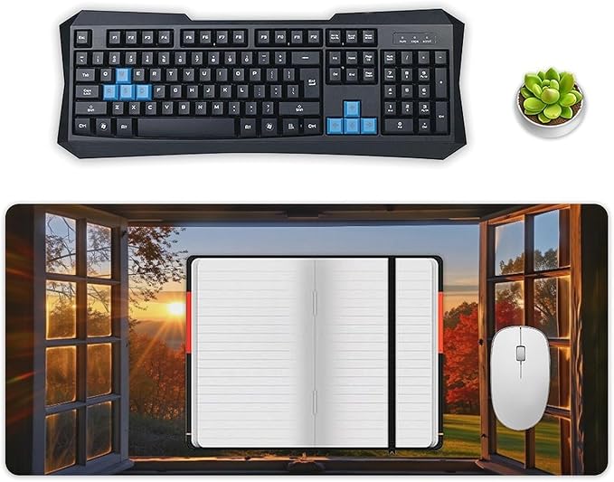 Autumn Window View Desk Mat Desk Pad Large Mouse Pad Anti-Slip Big Mousepad with Stitched Edges Computer Mouse Pads for Gaming Home Office Work 16x36