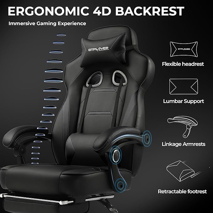 GTPLAYER Gaming Chair with Footrest Big and Tall Computer Game Chair 350lb Racing Style Ergonomic High Back Lumbar Support and Recliner Black