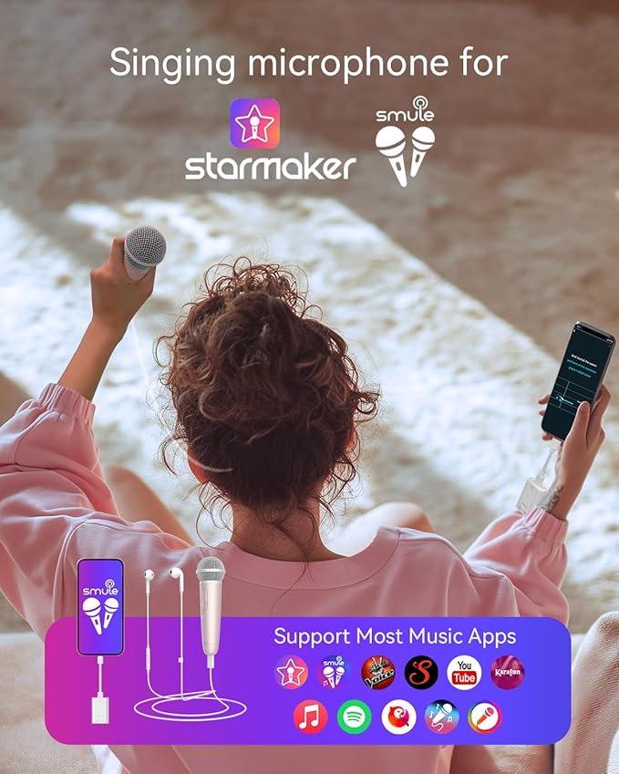 Singing Microphone with Earphone &amp Stand Ideal for Vocal Recording Podcasting Live Streaming Gaming Compatible with Smule &amp Starmaker &amp Stingray USB-C Dongle &amp Lightning Adapter