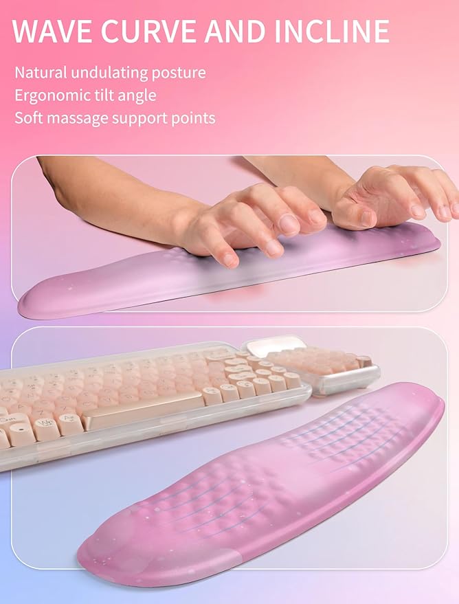 Hokafenle 2in1 Combination Wave Keyboard Wrist Rest and Ergonomic Curvature Mouse Pad Wrist Support for Relieve Wrist Pain Filled with Soft Cushion Memory Foam Romantic Pink