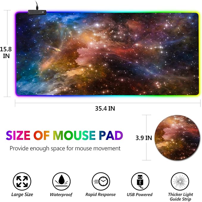AIMSA Large Gaming Mouse Pad RGB Keyboard Led Mousepad Extended 35.4 x 15.8 inch Non-Slip Rubber Base with 14 Lighting Modes Desk Mat Colorful Galaxy Nebula