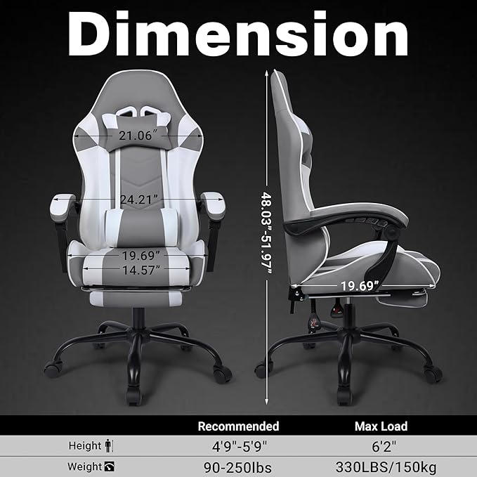 Gaming Chair Ergonomic Computer Chair with Footrest and Lumbar Support Height Adjustable Office Chair with 360° Swivel Seat and Headrest (White)