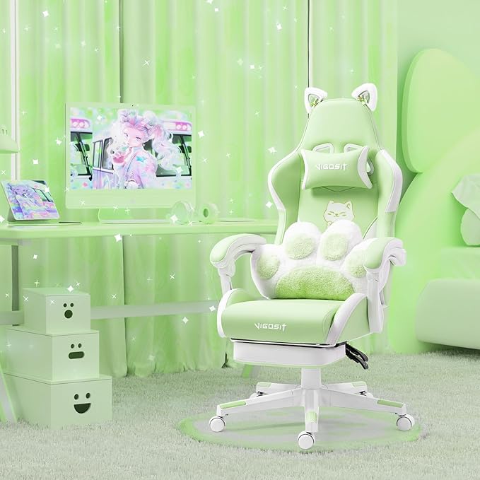 Cute Gaming Chair for Girl Ergonomic Cat Computer Chair with Armrests High Back Video Game Chairs with Footrest and Massage Lumbar Support for Teen &amp Woman Adjustable Height (Green)
