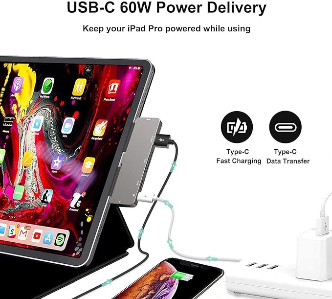 Adapter for iPad Pro USB C Hub M4 M2 M1/iPad Air 4/5/6/iPad Mini 6 7in1 Adapter with 4K HDMI3.5mm JackUSB3.0PD 100WSD/TFUSB-C 3.0 DataiPad Accessories