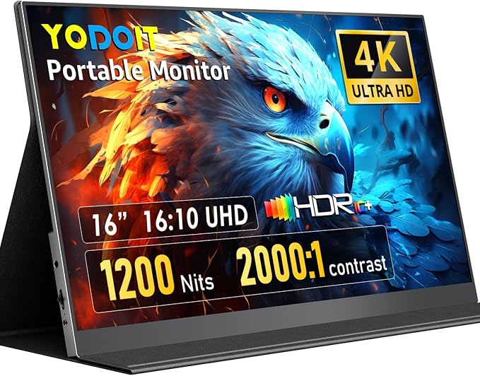 Yodoit 4K Portable Monitor for Laptop 1200nit 16 UHD 3840x2400 Travel Gaming Monitor Screen IPS Display with USB Type C Port and Dual Speakers Compatible with PC Xbox PS4/5 Black