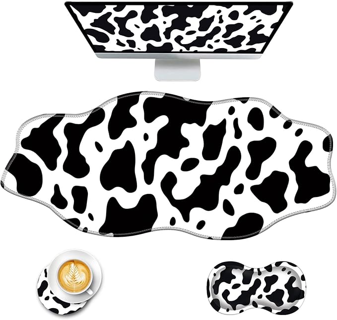 Mouse Pad with Wrist Support + Desk Mat + Coaster 3 in 1 Set XXL Large Gaming Mousepad Ergonomic Mouse Pads for Desk Computer Laptop OfficeCute Cow Print