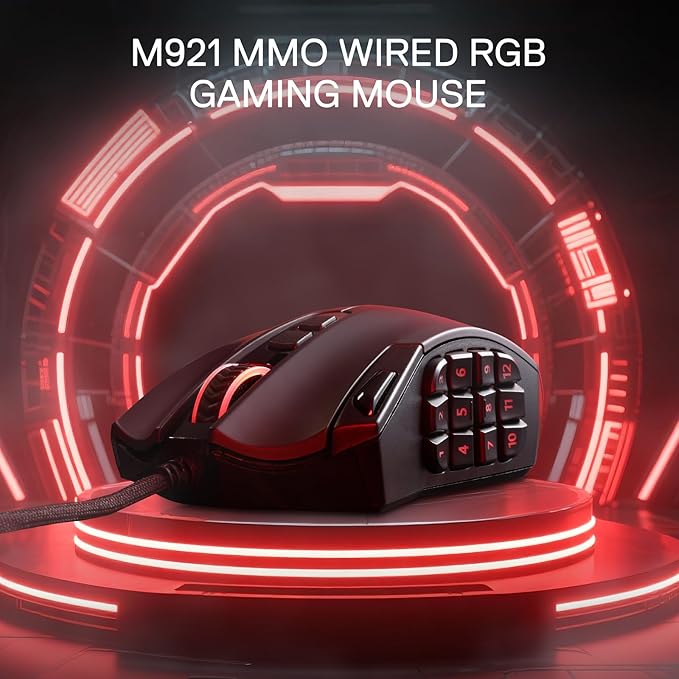 Redragon M921 MMO Gaming Mouse 12400 DPI High Precision Wired RGB Mice w/18 Programmable Buttons 12 Side Macro Keys Software Supports for PC Laptop