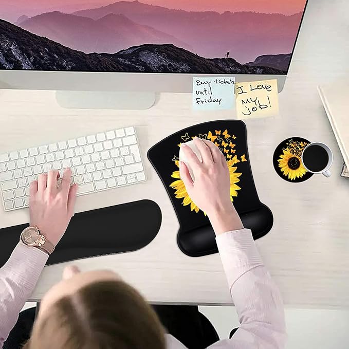 Ergonomic Mouse Pad Wrist Support Gel and Keyboard Wrist Rest Set Sunflowers and Butterflies in Bloom Design for Laptop Mac Gaming and Office Durable Comfortable and Pain Relief + Coaster