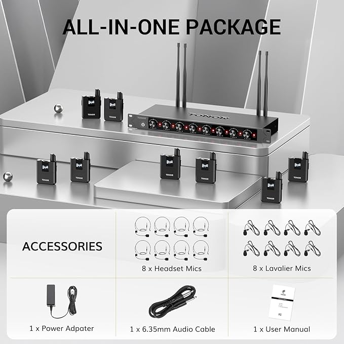 TONOR Wireless Microphones System with 8x12 Channels Headset/Lavalier Lapel Mics Bodypack Transmitter Receiver 90 m/295ft UHF Range for Church Conference Performance Singing Karaoke PA Speaker