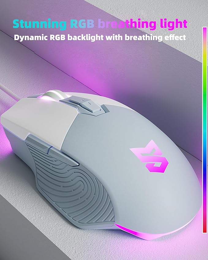 Gaming Mouse Ergonomic Wired Gaming Mouse 7200 DPI Optical Sensor Adjustable USB C RGB LED Backlit Gaming Mice with 7 Programmable Buttons Plug Play High-Precision for PC Laptop Blue White