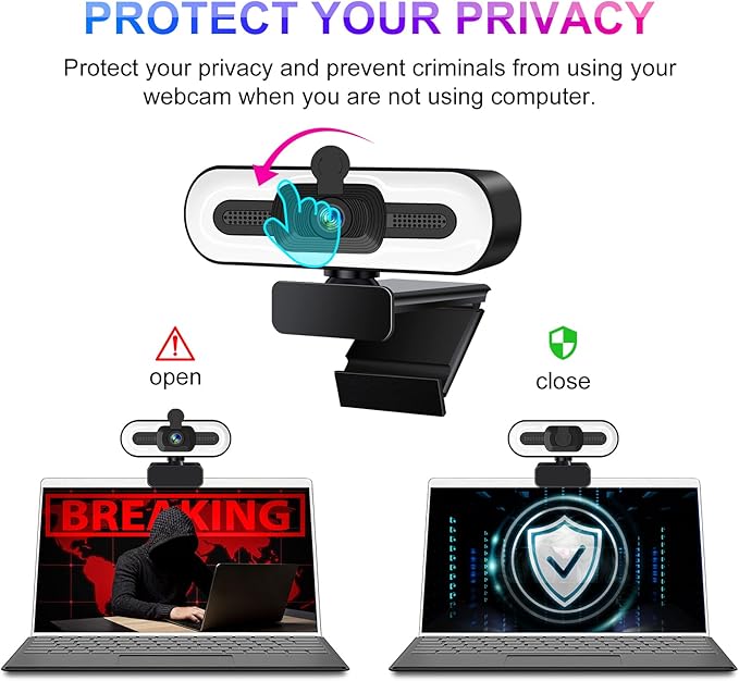 1080P Webcam with Microphone for Desktop USB PC Laptop Computer Camera with Ring Light &amp Webcam Cover 3 Light Colors 110 Wide Angles View Plug and Play