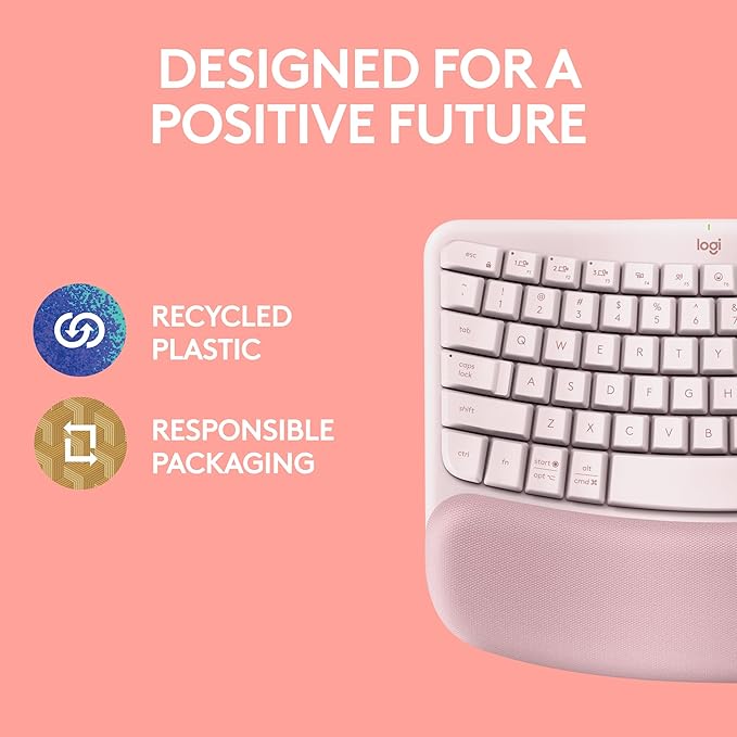 Logitech Wave Keys Wireless Ergonomic Keyboard with Cushioned Palm Rest Comfortable Natural Typing Easy-Switch Bluetooth Logi Bolt Receiver for Multi-OS Windows/Mac - Rose