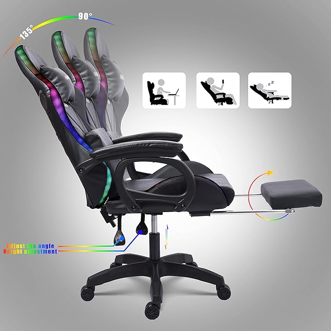 Gaming Chair with Massage and Footrest Ergonomic Computer Chair Video Gaming Chair with Speakers and LED Lighting High Back Racing Chair with Headrest and Lumbar Pillow.Black