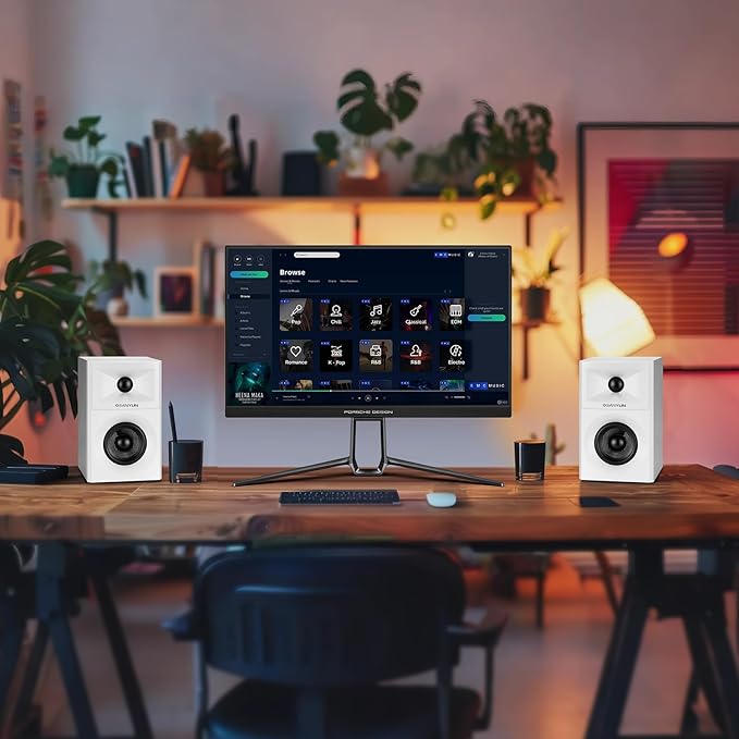 Sanyun SW203 4.0 Computer Speakers - 60W 4-Way DSP Control 3D Immersive Sound - 3 Carbon Fiber Woofer &amp 20mm Silk Dome Tweeter - 24bit DAC USB/Bluetooth 5.4/AUX - Studio-Grade Audio (Pair White)