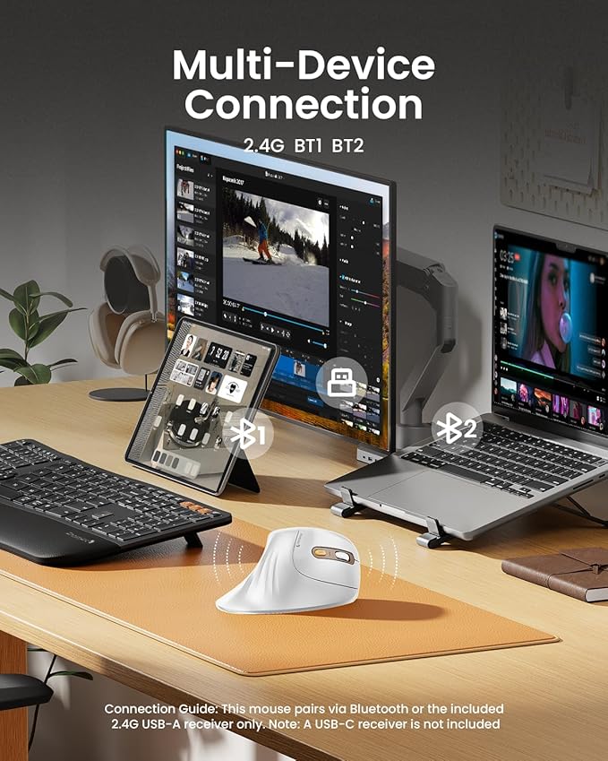 ProtoArc Ergonomic Mouse EM11 NL Bluetooth Rechargeable Wireless Vertical Mouse 3 Multi-Device Connectivity for Computer/PC/Laptop 2.4GHz USB-A Optical Mice for Windows Mac OS White Gold